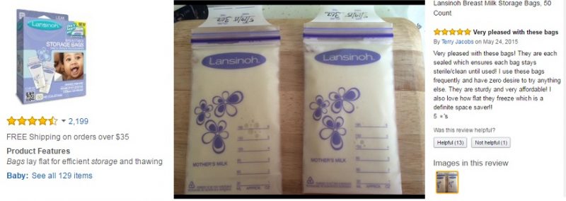 Túi trữ sữa Lansinoh được đánh giá cao trên trang web amazon